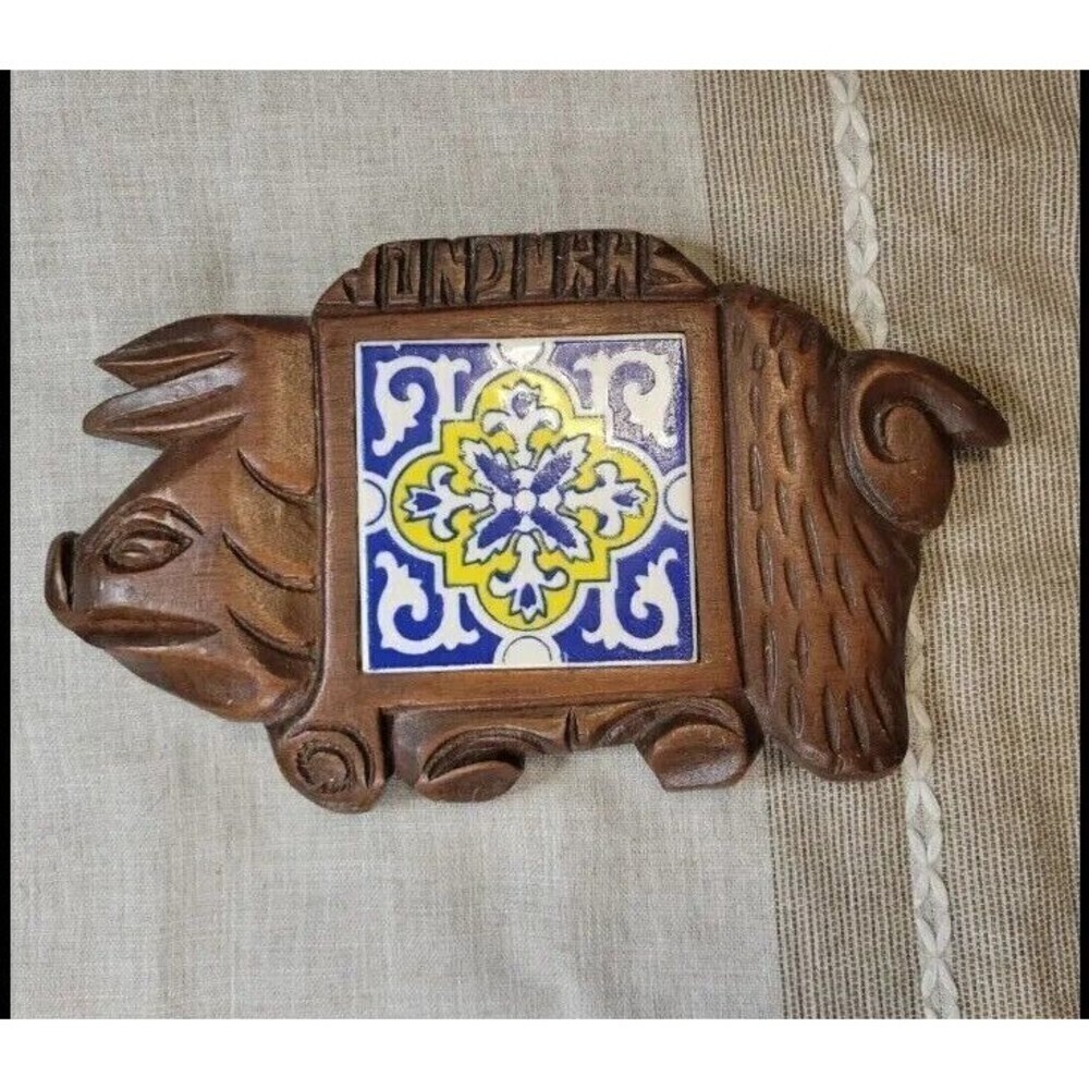 Ceramic Tile Trivet Kitchen Hand Carved Wood Pig Animal Blue and Yellow